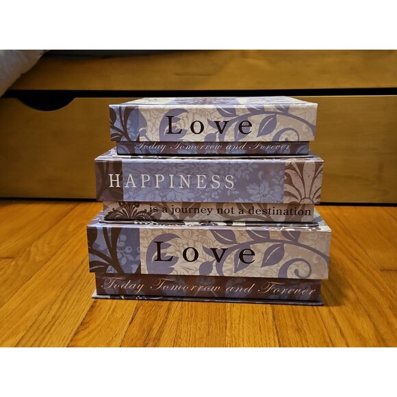 Elegant 3 Pc Nesting Storage Box Set Purple Fleur De Lis Love Laugh Happiness - Picture 2 of 11